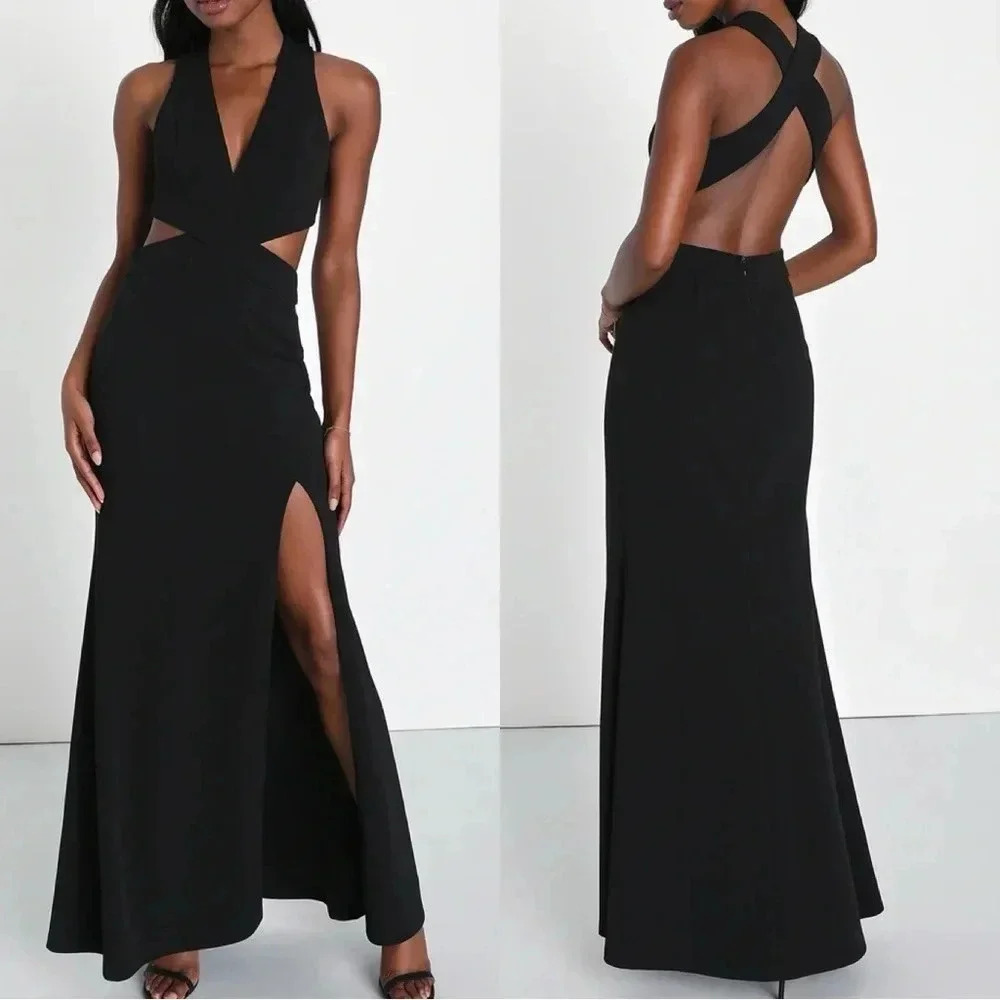 NWOT Lulus Gorgeous Affair Black Cutout Backless Maxi Dress